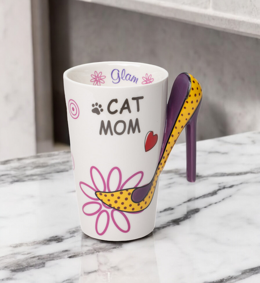 Ceramic Cat Mom Love Mug with High Heel Shoes Handle, Cat Lover Gift, Gift for Her