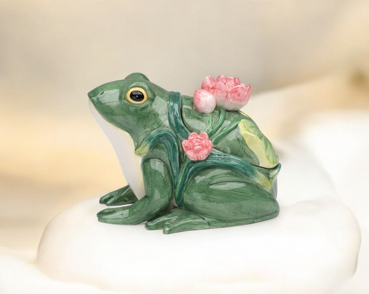 Ceramic Frog with Lotus Flowers Accessory Box, Frog Lover Gift, Vanity Decor, Gift for Her, Gift for Mom