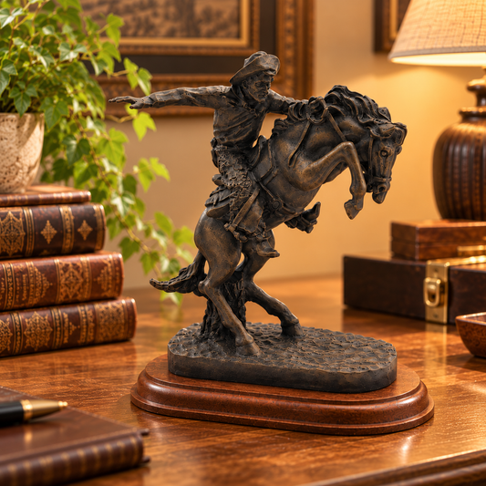 Cowboy Riding Horse Figurine – Rustic Western Sculpture, Horse & Rider Home Décor, Gift for Him