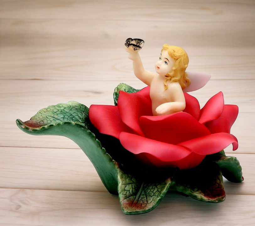 Ceramic Angel In Bloom Figurine-Red Rose Flower, Gift for Her, Gift for Mom, Home Decor