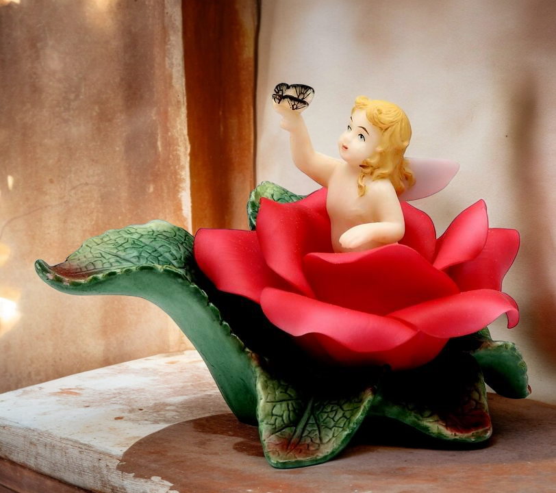 Ceramic Angel In Bloom Figurine-Red Rose Flower, Gift for Her, Gift for Mom, Home Decor