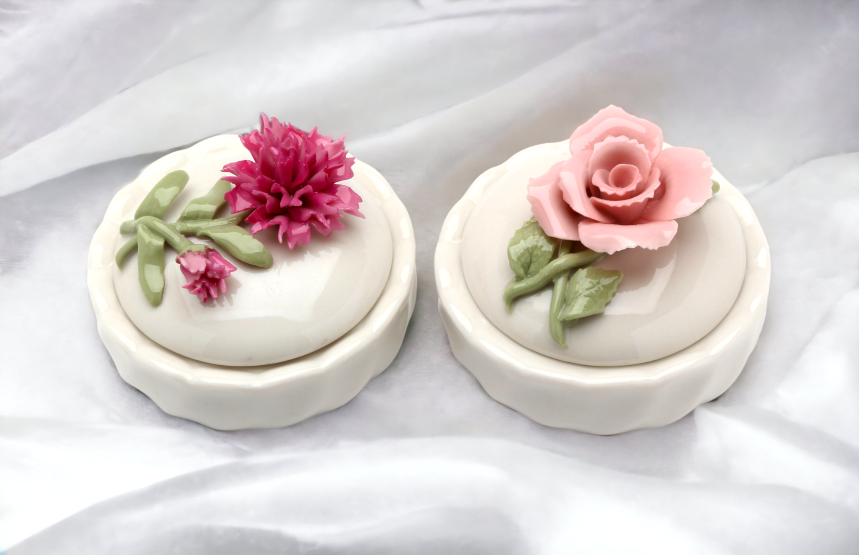 Ceramic Pink Rose and Carnation Flower Trinket Box (Set Of 2), Home Décor, Gift for Her, Gift for Mom, Vanity Décor, Wedding Table Décor