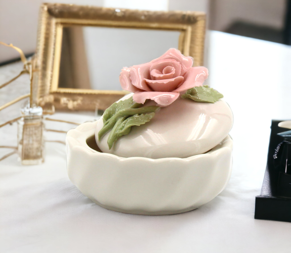 Ceramic Rose Flower Jewelry Box, Home Décor, Gift for Her, Gift for Mom, Vanity Décor, Valentine’s Day Décor, Romantic Décor