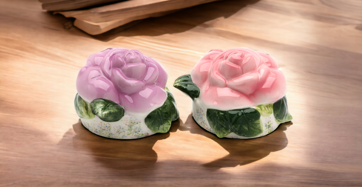 Hand Painted Ceramic Pink And Purple Rose Flower Salt & Pepper Shakers, Home Décor, Gift for Her, Gift for Mom, Kitchen Décor