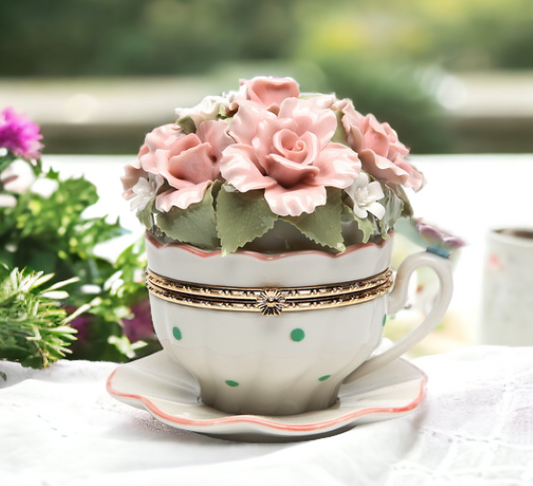 Cup and Saucer Shaped Hinge Box with Pink Flowers Music Box, Home Décor, Gift for Her, Gift for Mom, Mother's Day Gift