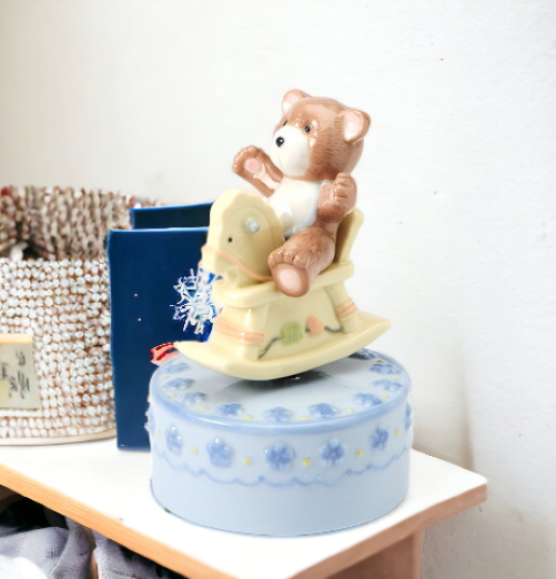 Ceramic Rocking Horse With Bear Music Box, Gift for Her, Gift for New Mom, Nursery Room Decor, Baby Shower Gift