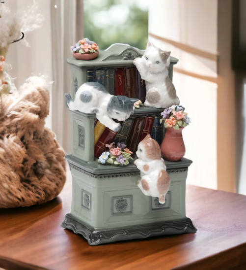 Ceramic Cats Playing on Bookshelf with Flowers Music Box, Home Décor, Gift for Her, Mom, Kitchen Décor, Cat Lovers Gift, Pet Loss Gift