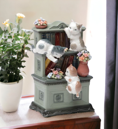 Ceramic Cats Playing on Bookshelf with Flowers Music Box, Home Décor, Gift for Her, Mom, Kitchen Décor, Cat Lovers Gift, Pet Loss Gift