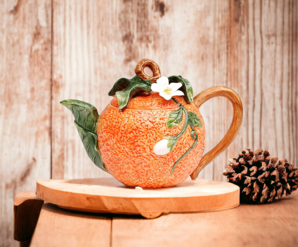 Hand Painted Ceramic Orange Teapot, Gift for Her, Gift for Mom, Tea Party Décor, Café Décor, Farmhouse Kitchen Décor