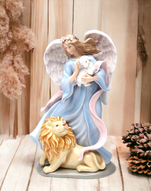 Ceramic Angel with Lion and Sheep Music Box, Religious Décor, Religious Gift, Church Décor, Church Gift, Baptism Gift