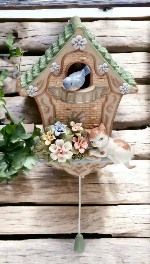 Ceramic Cat On The Birdhouse Music Box, Home Decor, Gift for Her, Gift for Mom, Cat Lover Gift, Birdwatcher Gift