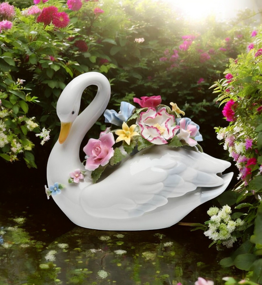 Ceramic Swan with Flowers Music Box Playing "Swan Lake", Gift for Her, Gift for Mom, Wedding Gift, Anniversary Gift