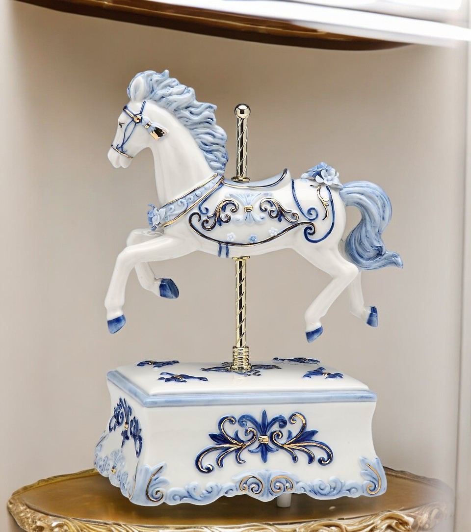 Ceramic Blue Carousel Horse Music Box, Home Decor, Horse Lover Gift, Gift for Her, Gift for Mom