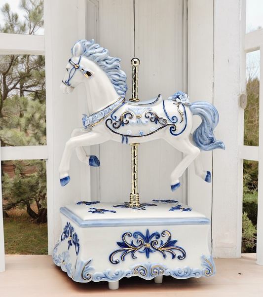 Ceramic Blue Carousel Horse Music Box, Home Decor, Horse Lover Gift, Gift for Her, Gift for Mom