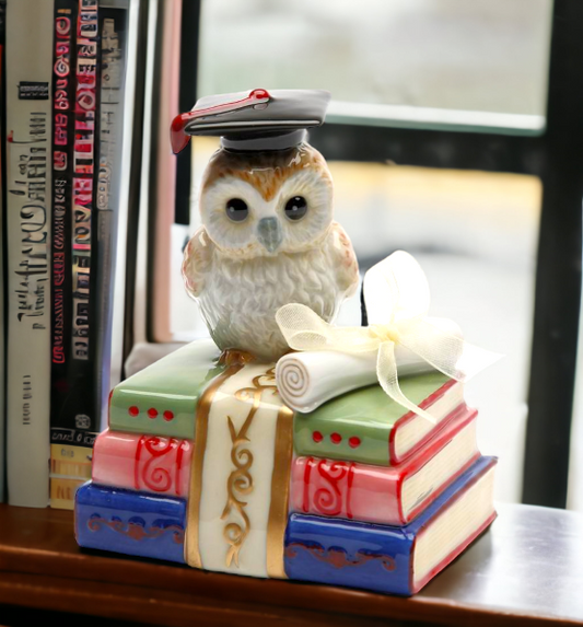 Ceramic Graduating Owl Music Box Playing "Over the Rainbow", Home Décor, Graduation Gift, Gift for Son, Gift for Daughter