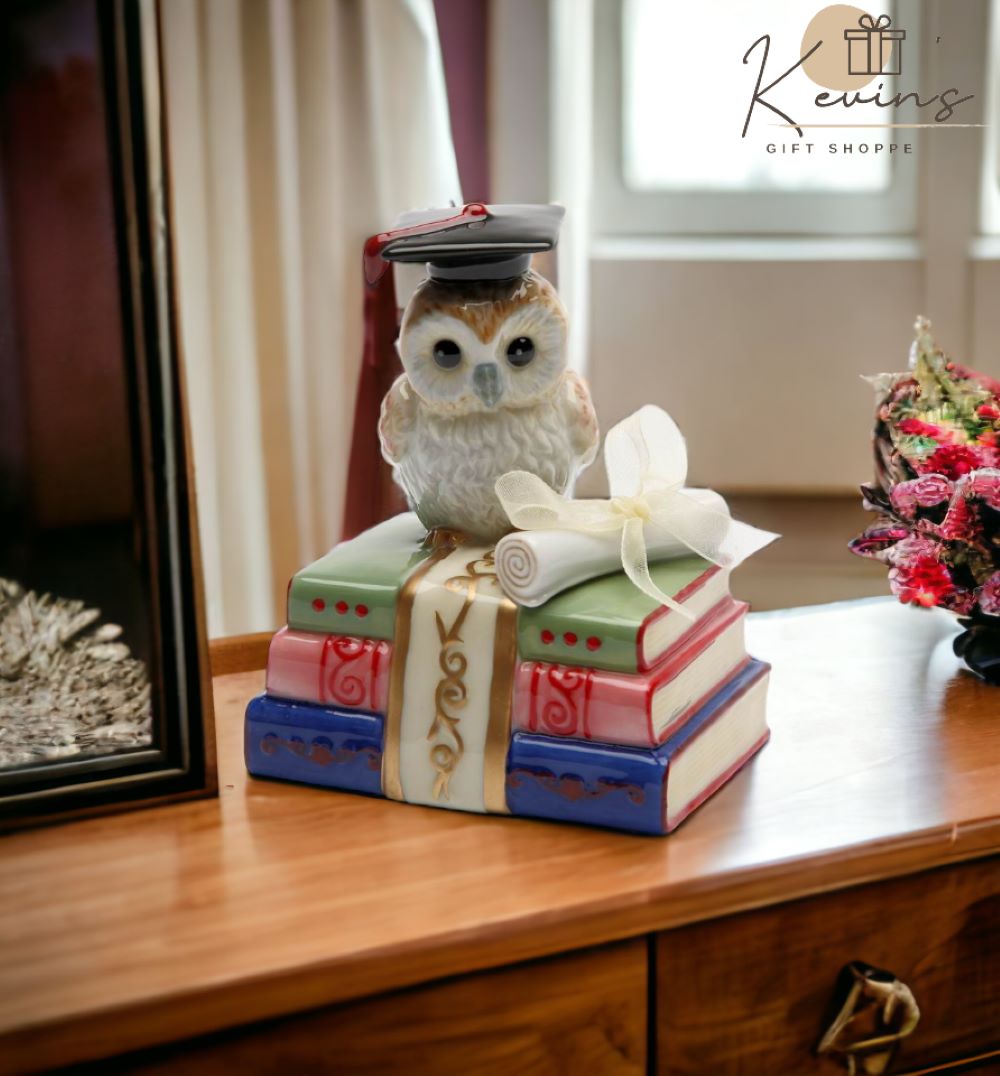 Ceramic Graduating Owl Music Box Playing "Over the Rainbow", Home Décor, Graduation Gift, Gift for Son, Gift for Daughter