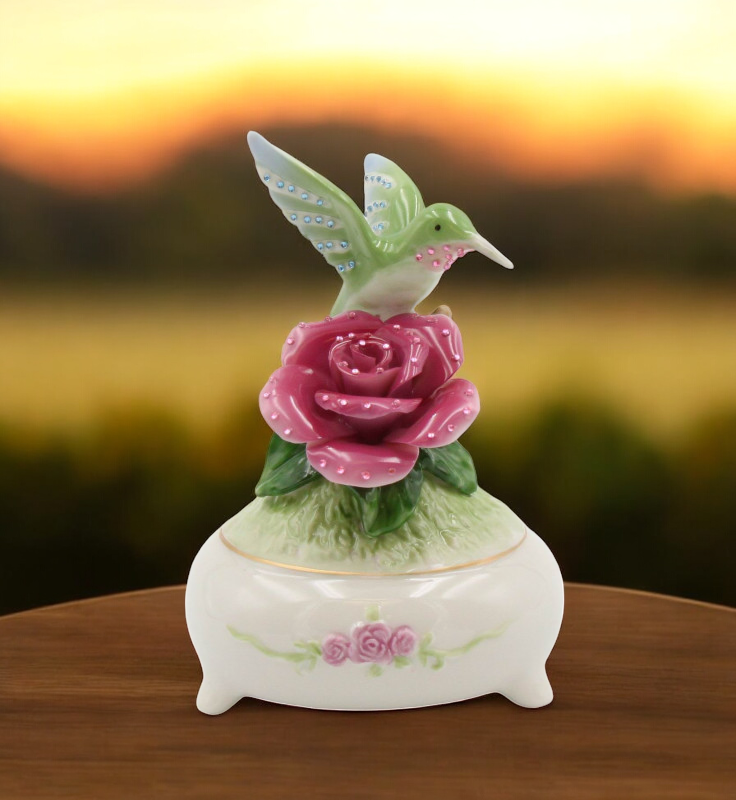 Ceramic Shimmering Hummingbird with Rose Flower Music Box Playing "Fur Elise", Bird Watcher Gift, Gift for Her