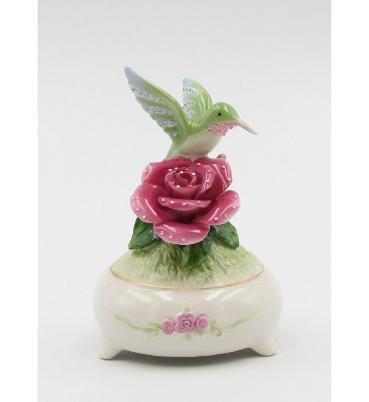 Ceramic Shimmering Hummingbird with Rose Flower Music Box Playing "Fur Elise", Bird Watcher Gift, Gift for Her