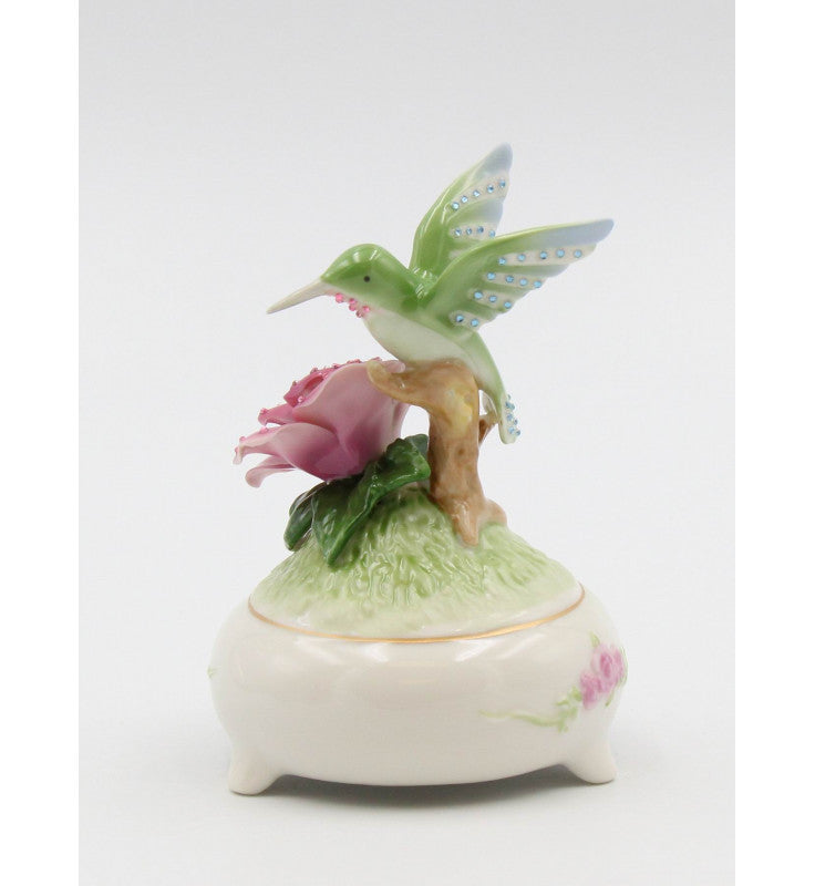 Ceramic Shimmering Hummingbird with Rose Flower Music Box Playing "Fur Elise", Bird Watcher Gift, Gift for Her