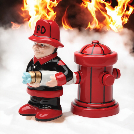 Ceramic Firefighter with Fire Hydrant Salt and Pepper Shakers, Firefighter Gift, Fire Station Decor, Gift for Him