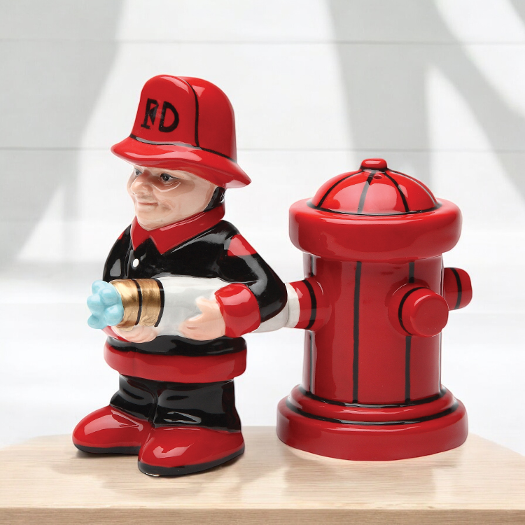 Ceramic Firefighter with Fire Hydrant Salt and Pepper Shakers, Firefighter Gift, Fire Station Decor, Gift for Him