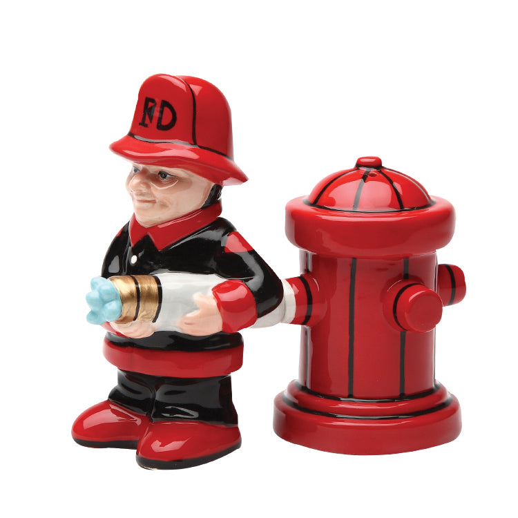 Ceramic Firefighter with Fire Hydrant Salt and Pepper Shakers, Firefighter Gift, Fire Station Decor, Gift for Him