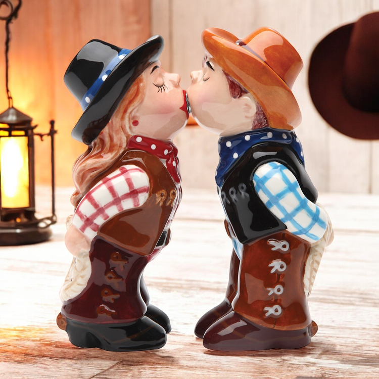 Ceramic Cowboy and Cowgirl Kissing Salt and Pepper Shakers, Gift for Cowboy, Gift for Cowgirl, Farmhouse Kitchen Decor