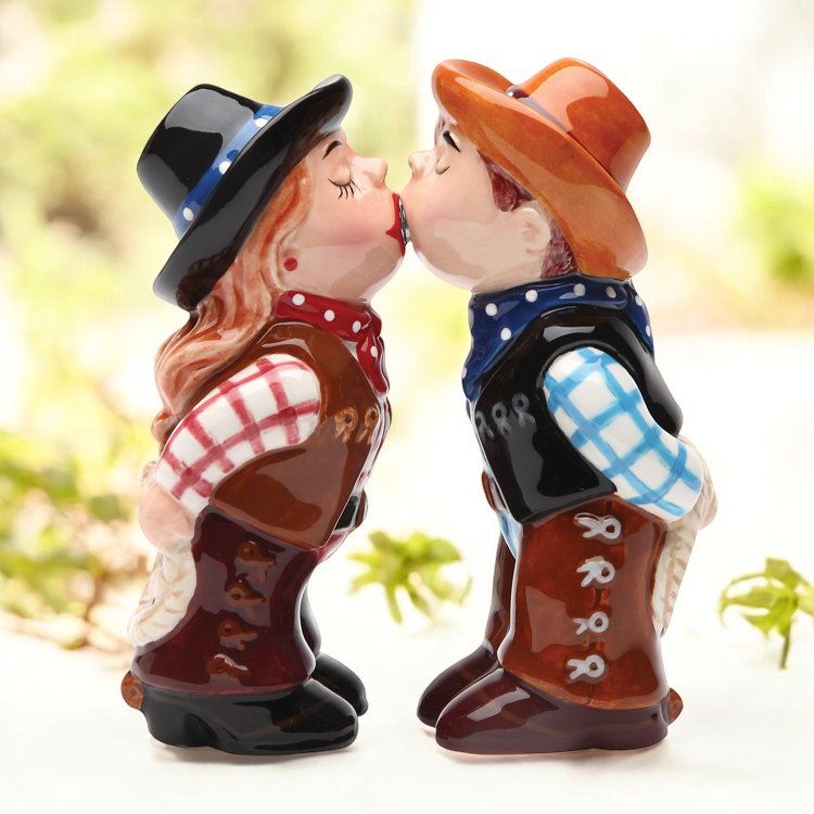 Ceramic Cowboy and Cowgirl Kissing Salt and Pepper Shakers, Gift for Cowboy, Gift for Cowgirl, Farmhouse Kitchen Decor