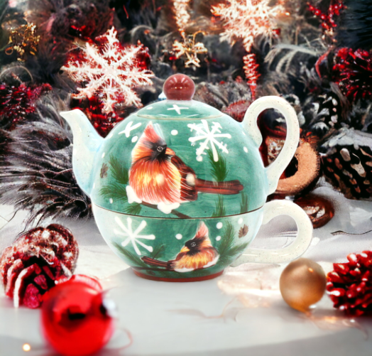 Ceramic Cardinal Bird Tea for One Teapot and Cup, Gift for Her, Mom, Kitchen Décor, Tea Party Décor, Birdwatcher Gift, Christmas Decor