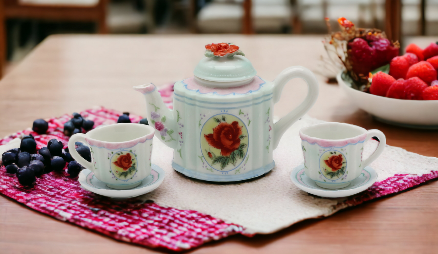 Ceramic Red Rose Mini Tea Set-5 Piece Set, Gift for Her, Gift for Mom, Gift for Friend or Coworker, Tea Party Décor, Café Decor