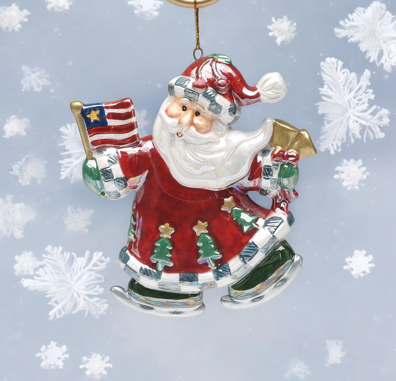 Ceramic Santa Claus Holding American Flag Ornament, Christmas Decor, Patriotic Christmas Tree, Gift for Her, Gift for Mom