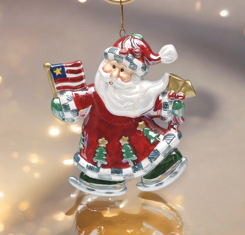 Ceramic Santa Claus Holding American Flag Ornament, Christmas Decor, Patriotic Christmas Tree, Gift for Her, Gift for Mom