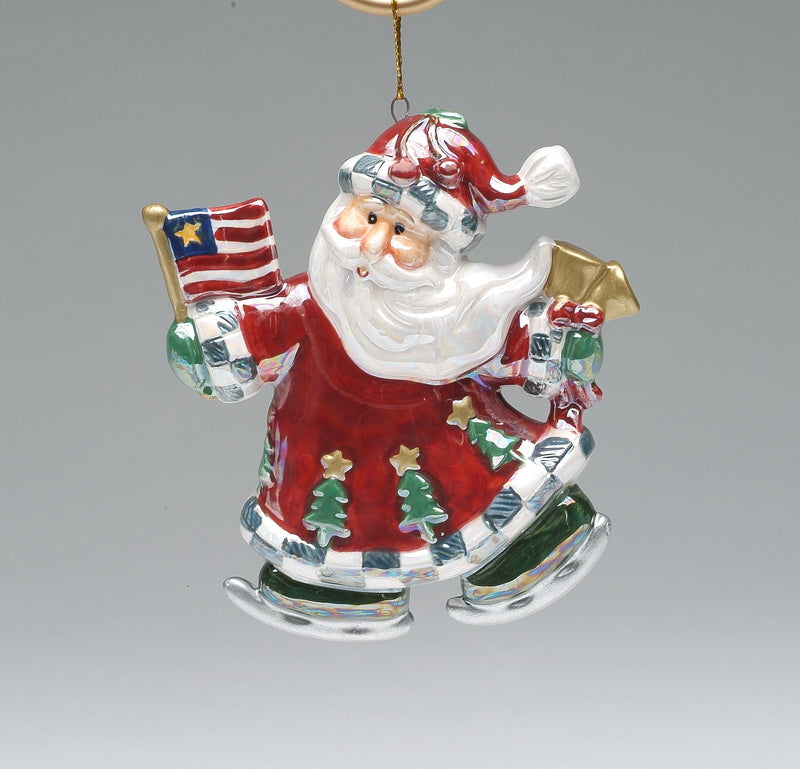 Ceramic Santa Claus Holding American Flag Ornament, Christmas Decor, Patriotic Christmas Tree, Gift for Her, Gift for Mom