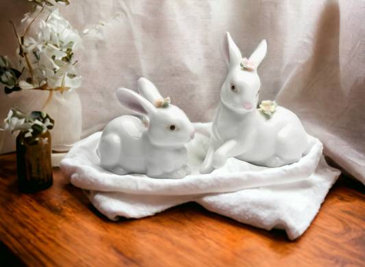 Hand Crafted Ceramic Set Of 2 Bunny Rabbits Figurine, Spring Decor, Easter Decor, Home Decor, Gift for Her, Gift for Mom