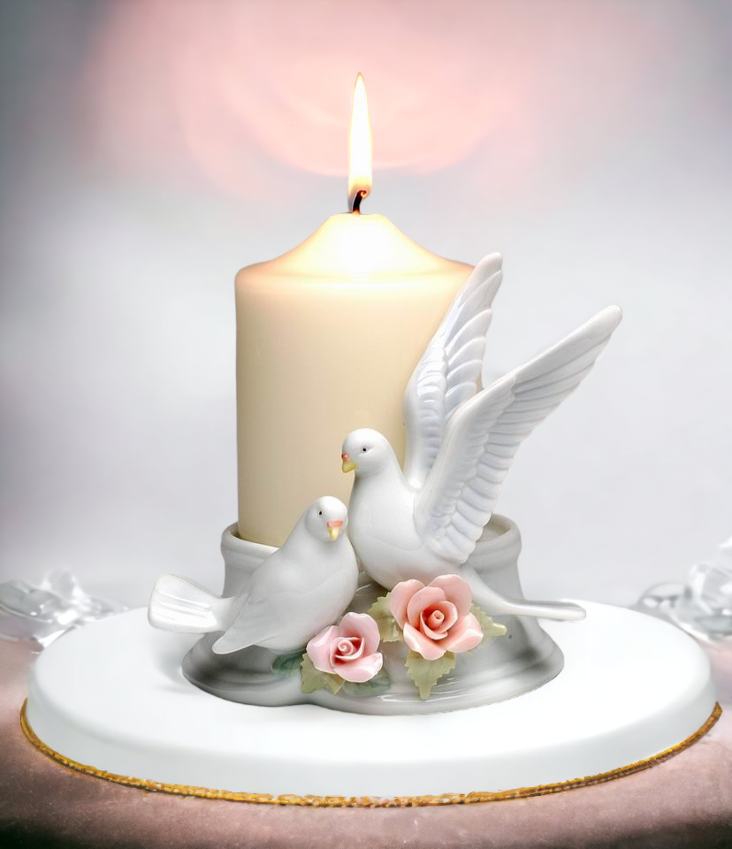 Ceramic Couple Of Doves 3" Pillar Candle Holder, Wedding Décor, Wedding Gift, Wedding Favor, Anniversary Décor, Anniversary Gift