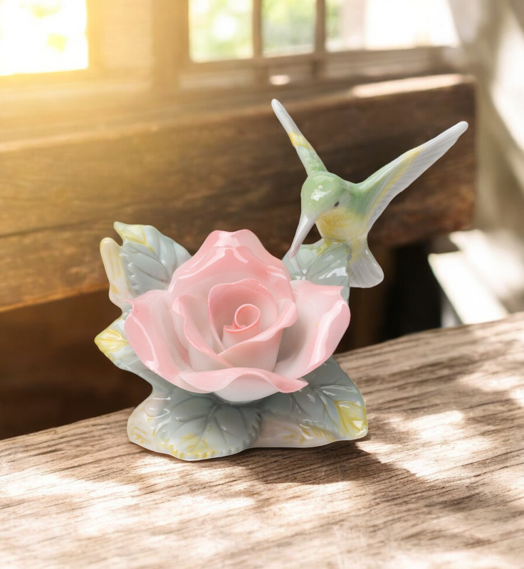 Ceramic Hummingbird with Peace Rose Figurine, Bird Watcher Gift, Gift for Her, Nature Lover Gift