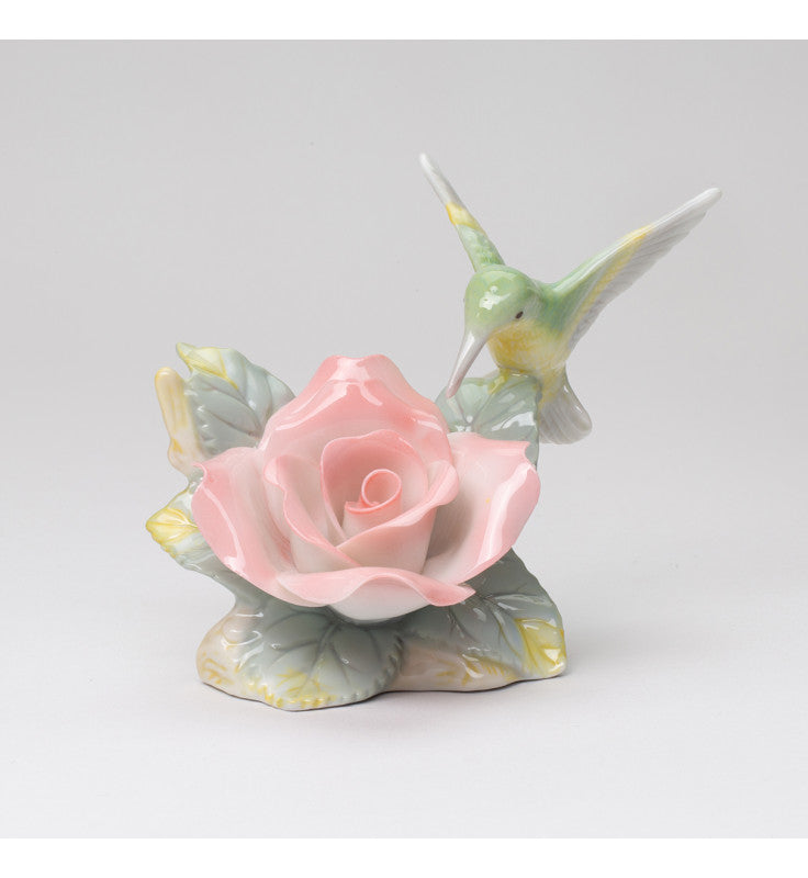 Ceramic Hummingbird with Peace Rose Figurine, Bird Watcher Gift, Gift for Her, Nature Lover Gift