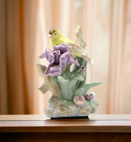 Ceramic Goldfinch Bird with Iris Flower Figurine, Home Décor, Gift for Her, Gift for Mom, Kitchen Décor, Birdwatcher Gift, Vintage Decor