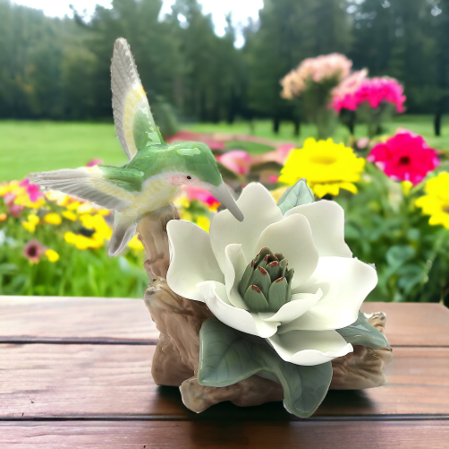 Ceramic Hummingbird with Magnolia Flower Figurine, Home Décor, Gift for Her, Gift for Mom, Kitchen Décor, Birdwatcher Gift, Vintage Decor