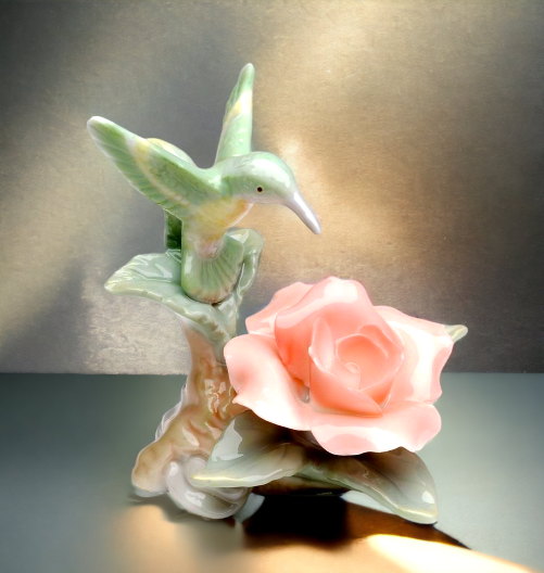 Ceramic Mini Hummingbird with Rose Figurine, Home Décor, Gift for Her, Gift for Mom, Kitchen Décor, Birdwatcher Gift, Vintage Decor