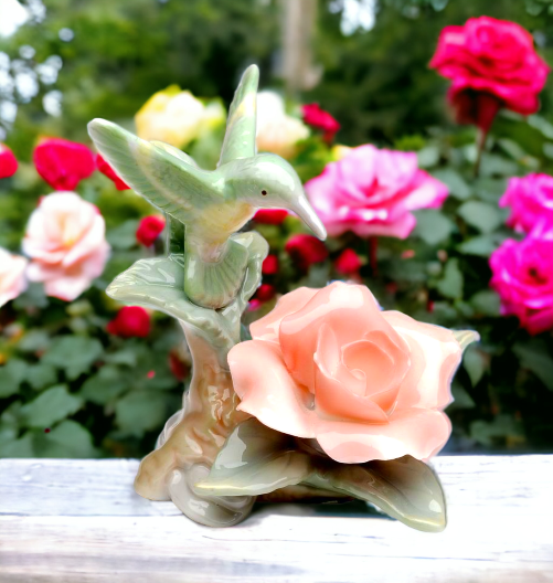 Ceramic Mini Hummingbird with Rose Figurine, Home Décor, Gift for Her, Gift for Mom, Kitchen Décor, Birdwatcher Gift, Vintage Decor