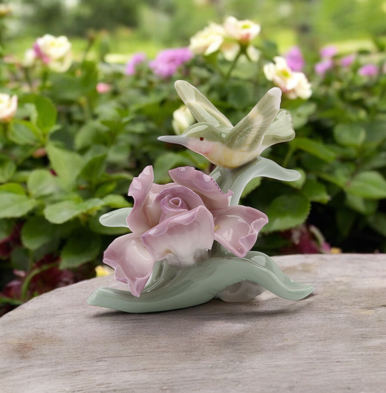 Ceramic Mini Size Hummingbird with Iris Flower Figurine, Bird Watcher Gift, Garden Decor, Home Decor, Gift for Her, Gift for Mom