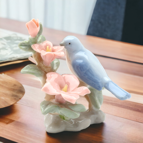 Ceramic Mini Bluebird With Azalea Flower Figurine, Home Décor, Gift for Her, Gift for Mom, Kitchen Décor, Birdwatcher Gift, Vintage Decor