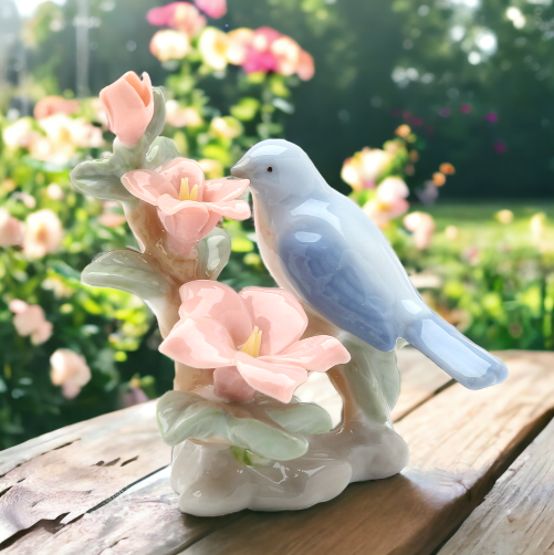 Ceramic Mini Bluebird With Azalea Flower Figurine, Home Décor, Gift for Her, Gift for Mom, Kitchen Décor, Birdwatcher Gift, Vintage Decor