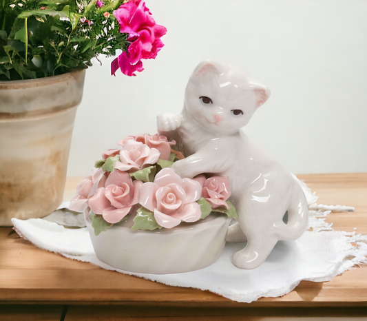 Ceramic Kitten With Flowers Pot Figurine, Home Décor, Gift for Her, Gift for Mom, Spring Décor, Cat Lover Gift