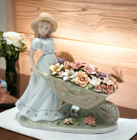 Ceramic Girl Pushing Flower Cart Figurine, Home Décor, Gift for Her, Gift for Mom, Spring Décor