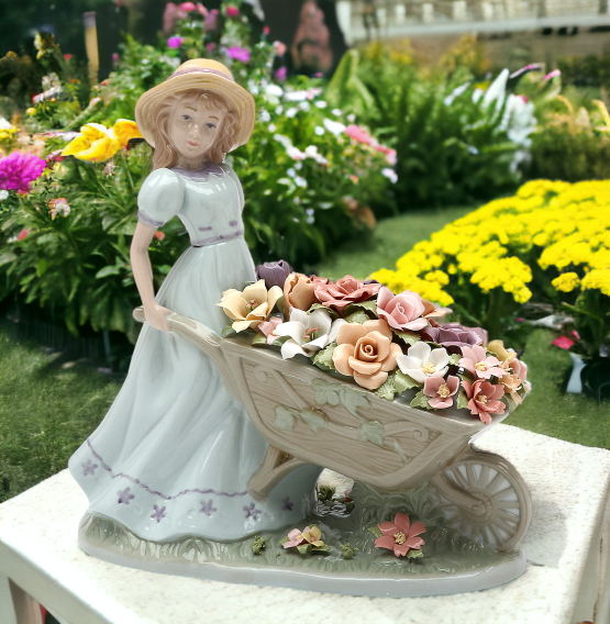 Ceramic Girl Pushing Flower Cart Figurine, Home Décor, Gift for Her, Gift for Mom, Spring Décor