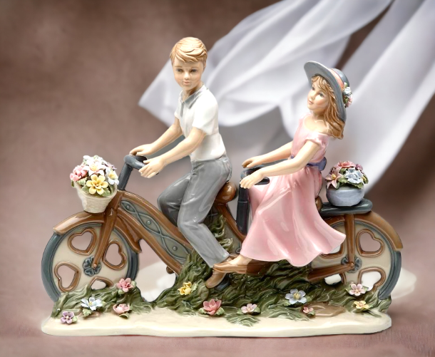 Ceramic Young Couple Sharing Bike Figurine, Gift for Parents, Gift for Her, Gift for Mom, Home Decor
