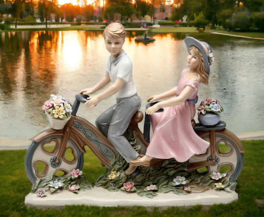 Ceramic Young Couple Sharing Bike Figurine, Gift for Parents, Gift for Her, Gift for Mom, Home Decor