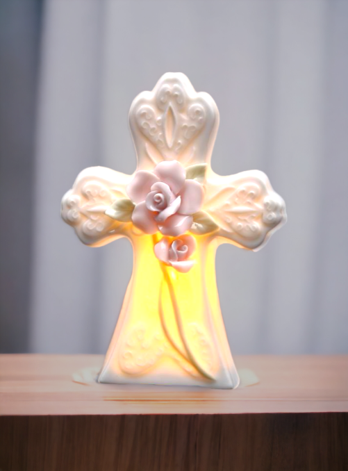 Ceramic Rose Flowers on Cross Plug-In Nightlight, Religious Décor, Religious Gift, Church Décor, Church Gift, Baptism Gift